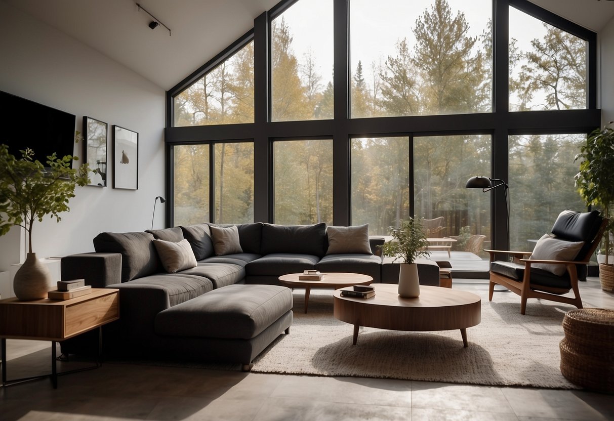 A modern living room with black and walnut furniture, clean lines, and minimalistic decor. Light streaming in through large windows, casting a warm glow on the sleek surfaces