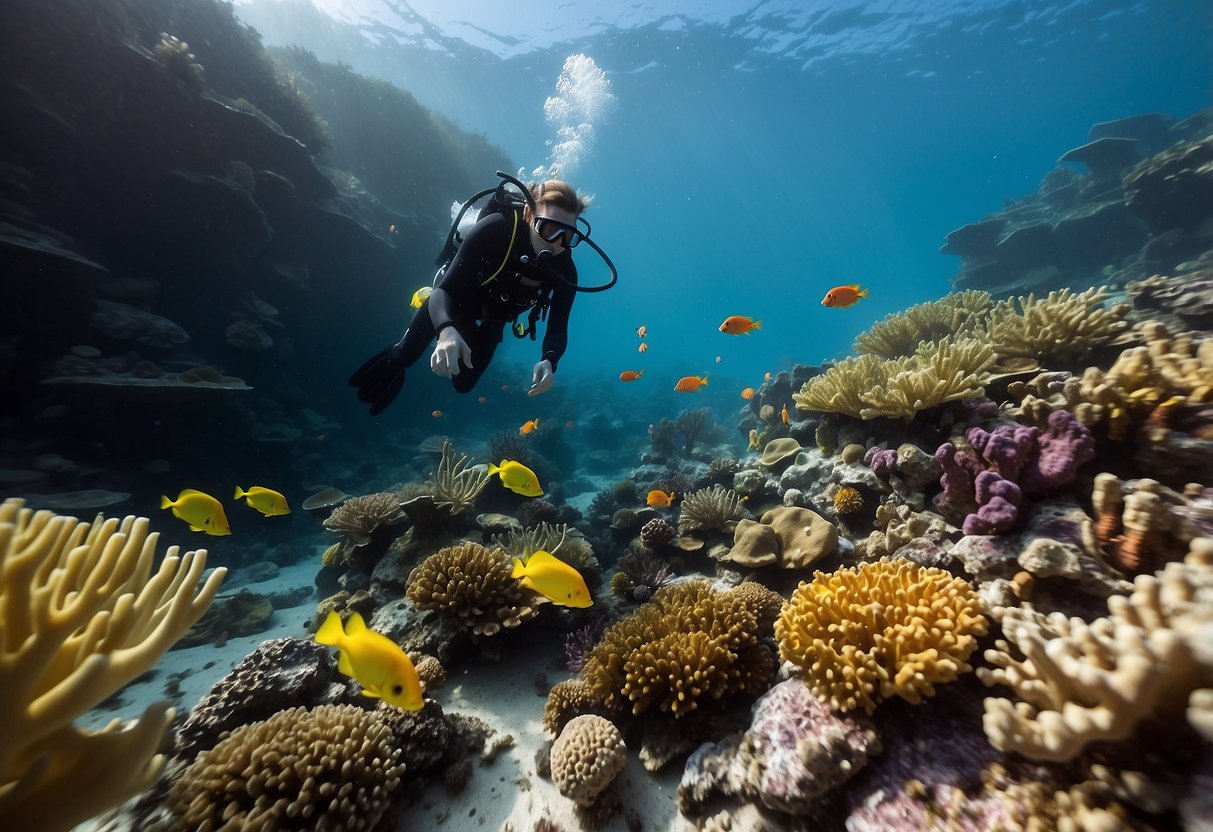 A colorful coral reef with diverse marine life, a scuba diver applying reef-safe sunscreen, and various ways to minimize impact on the environment while diving