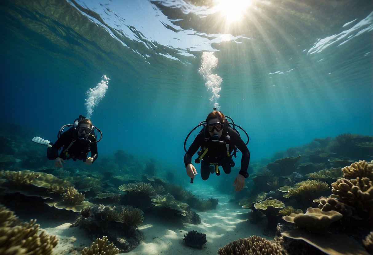 Underwater scene with divers taking photos without flash, surrounded by marine life. No trace of human activity visible