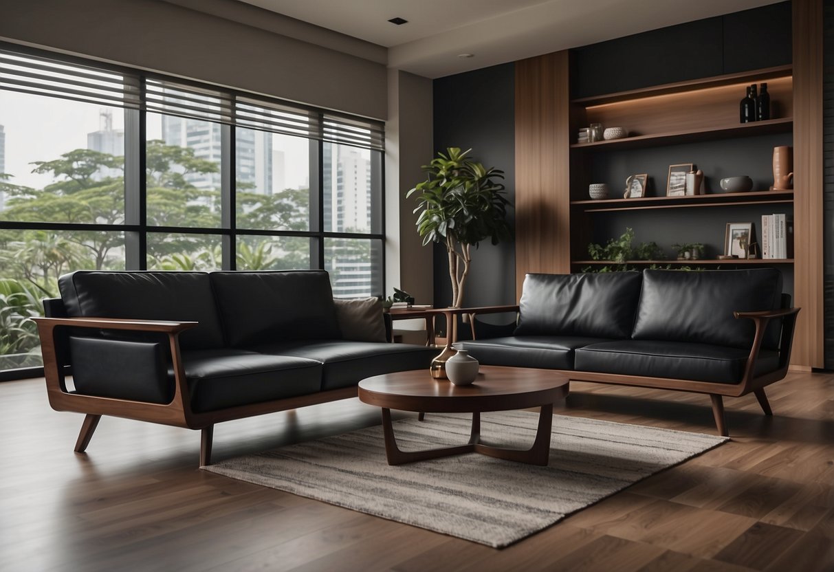 A sleek black and walnut furniture set stands in a modern Singaporean living room, with clean lines and a minimalist design