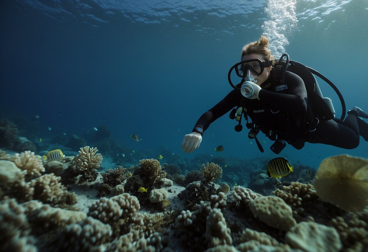 A scuba diver placing trash in a designated bin on the ocean floor. No trace left behind