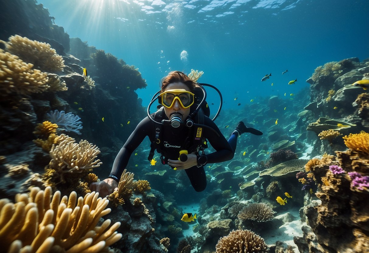 Crystal-clear ocean water, colorful coral reefs, and a scuba diver exploring the depths while leaving no trace behind