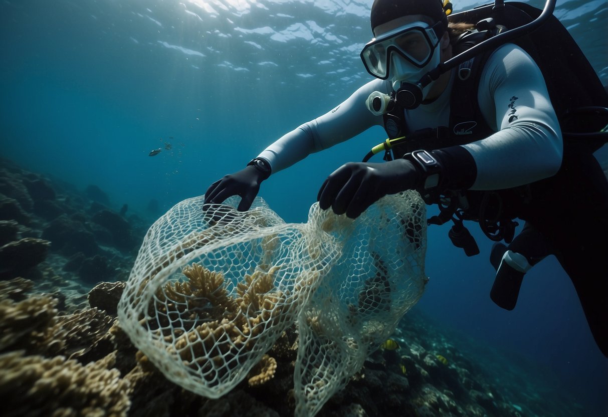 Underwater debris being collected and placed in a mesh bag by a scuba diver during a clean-up dive. Marine life swimming around the diver as they work