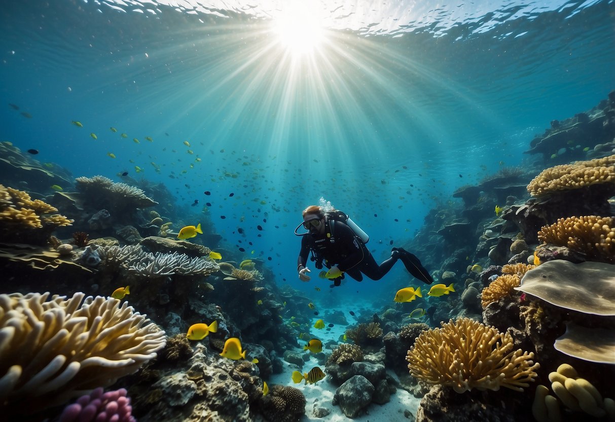 Crystal clear ocean water with colorful coral reefs, a school of fish swimming peacefully, and a scuba diver following eco-friendly practices