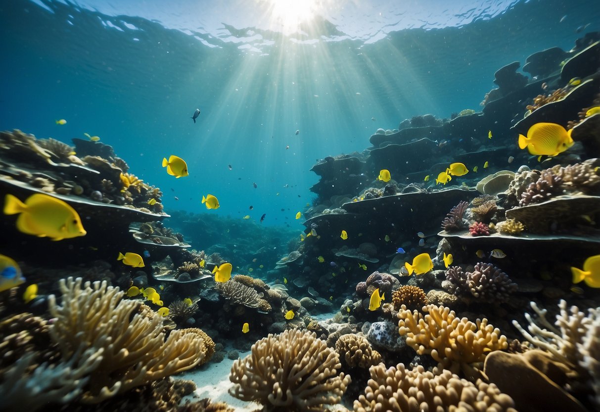 A coral reef teeming with marine life, untouched by scuba divers. Trash-free waters and minimal disturbance to the underwater environment