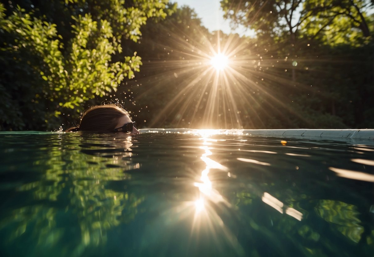 The sun beats down on a shimmering pool, surrounded by lush greenery. A diver prepares to plunge into the clear, inviting water, while the heat shimmers above the surface