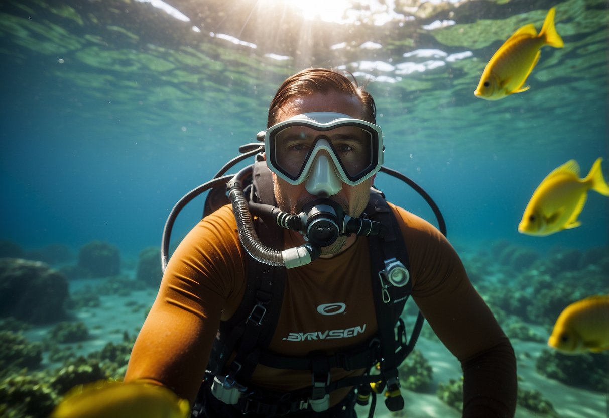 A diver in hot weather, following 7 tips: stay hydrated, wear light clothing, take breaks, avoid heavy exertion, seek shade, use sunscreen, and cool down