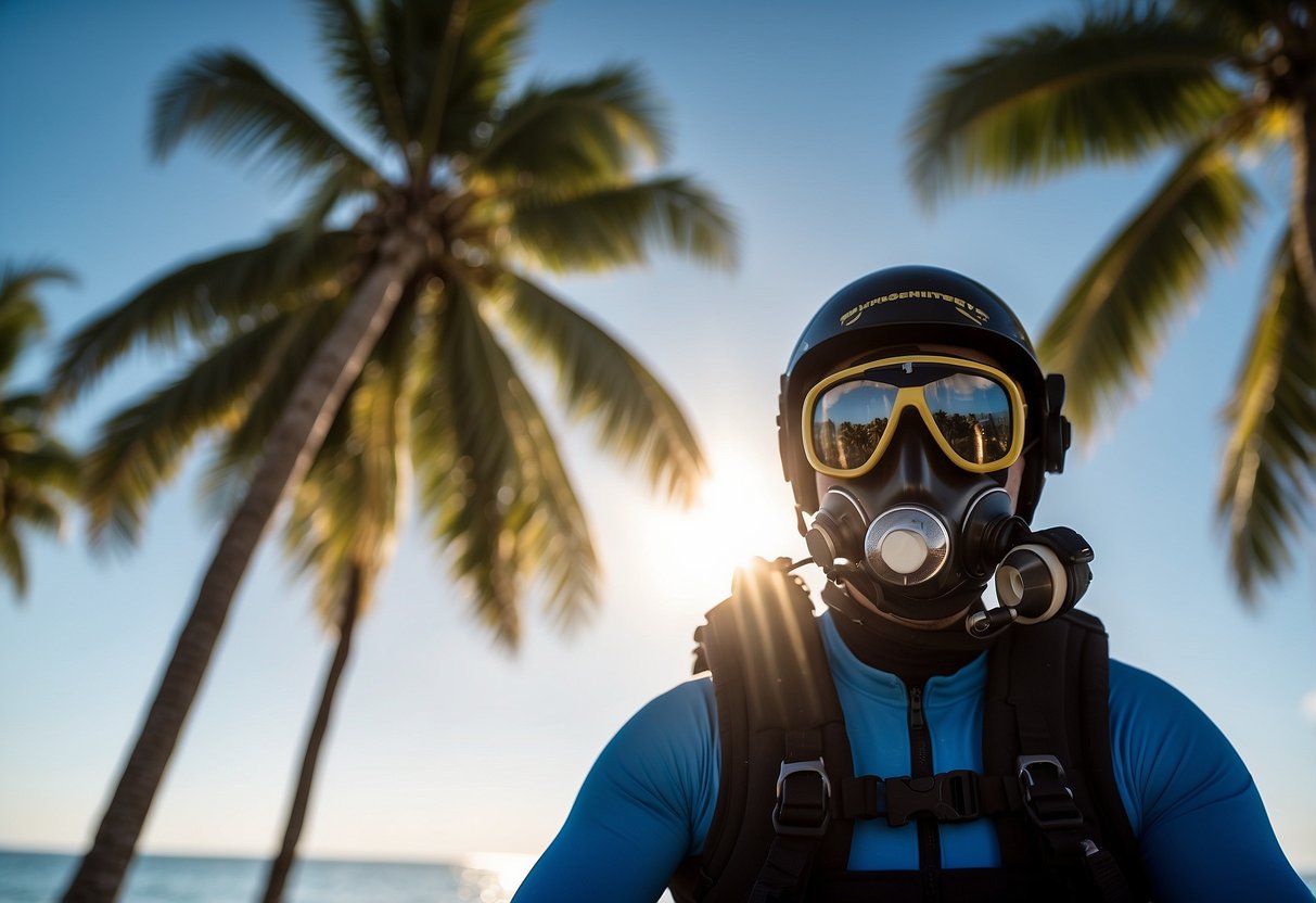 A diver in hot weather: wearing lightweight wetsuit, sun hat, and sunglasses. Carrying a hydration pack and sunscreen. Checking diving equipment. Blue sky and palm trees in the background