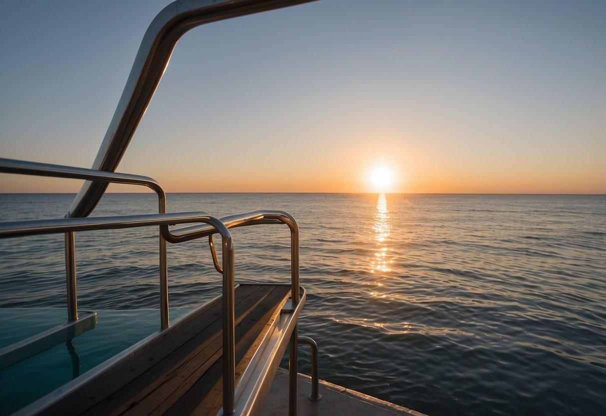 The sun rises over a calm, glassy ocean. A diving board juts out, ready for action. The air is warm and still, promising a perfect dive into the refreshing water