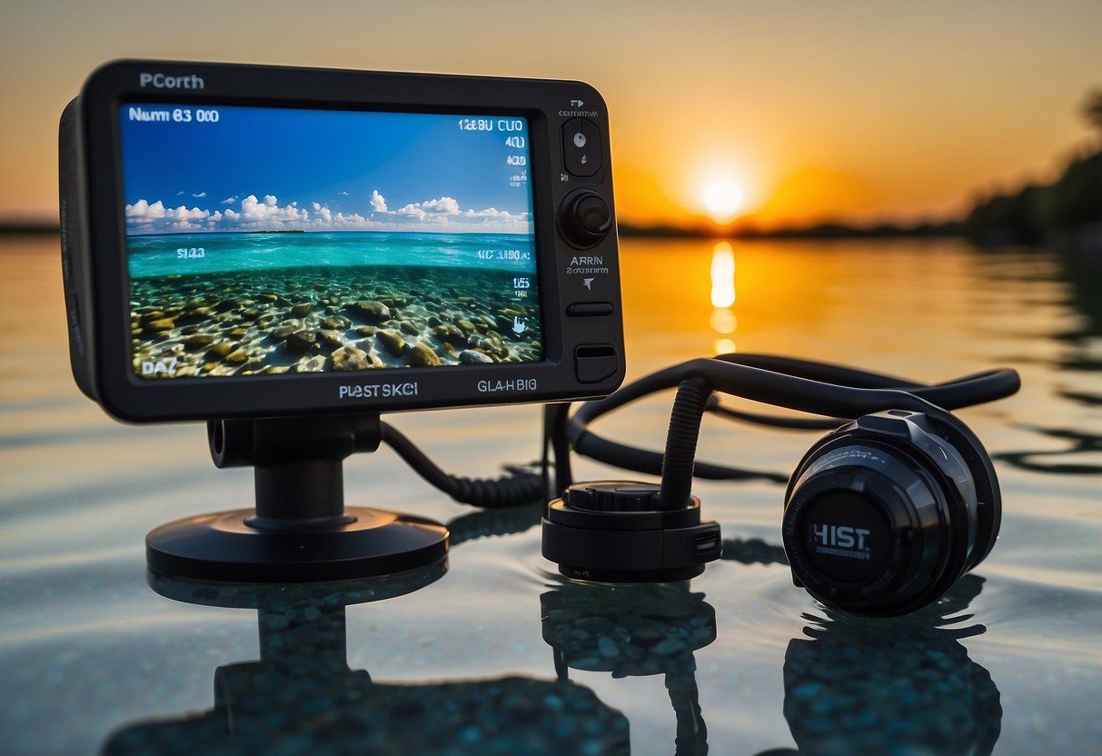 The sun beats down on the calm, crystal-clear water as a digital monitor displays the water temperature. Surrounding the monitor are diving gear and equipment, ready for use in the hot weather