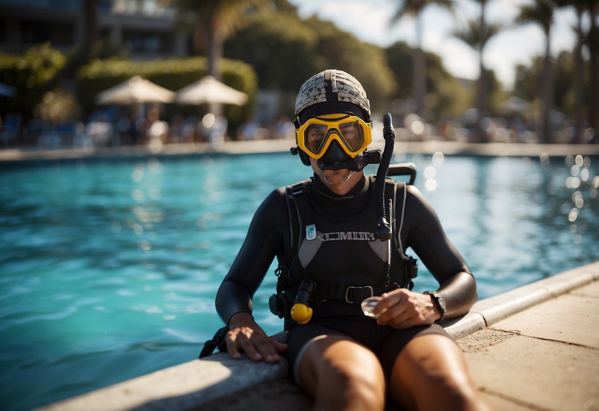 A diver in a sunny, hot environment taking frequent breaks, hydrating, and staying shaded