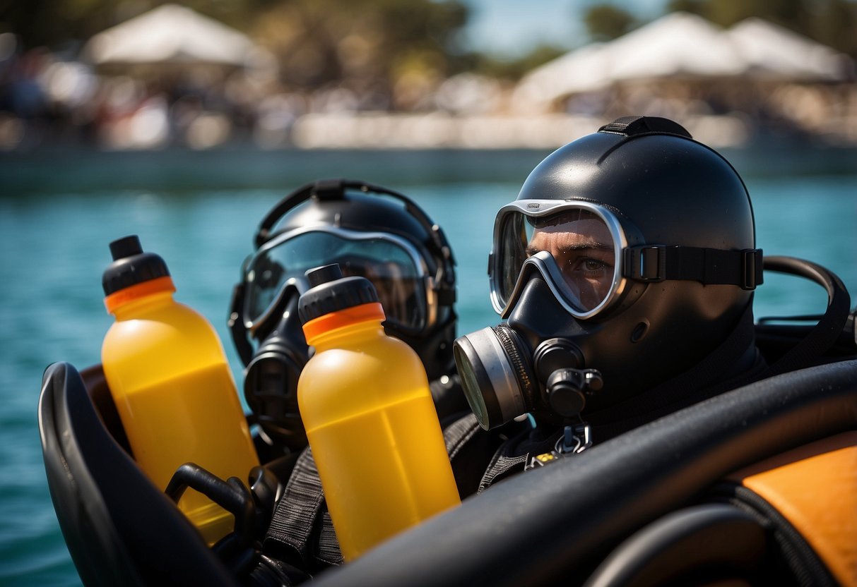 Divers gear up under scorching sun, sweat glistening as they prepare for hot weather dive. Sunscreen is applied, water bottles are filled, and fans are set up to combat the heat