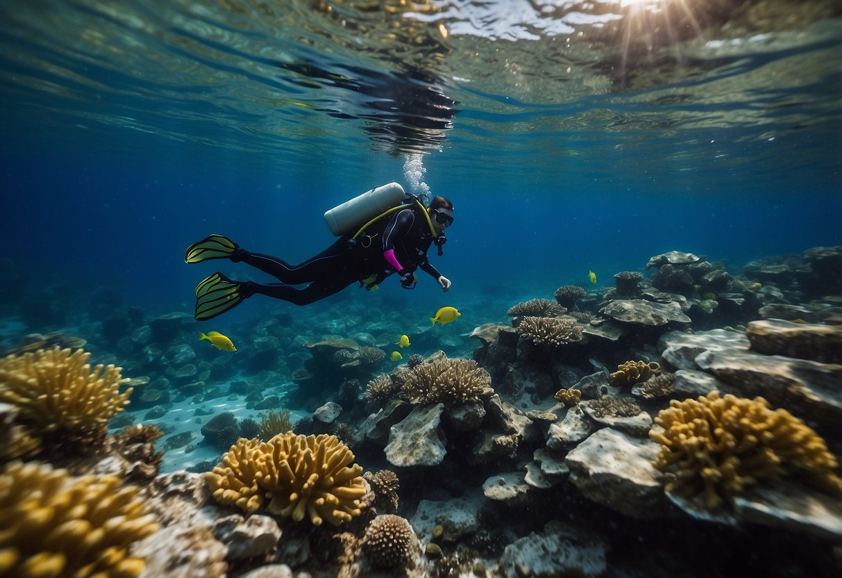 Crystal clear water, colorful coral, and a pair of diving socks floating gracefully in the ocean depths