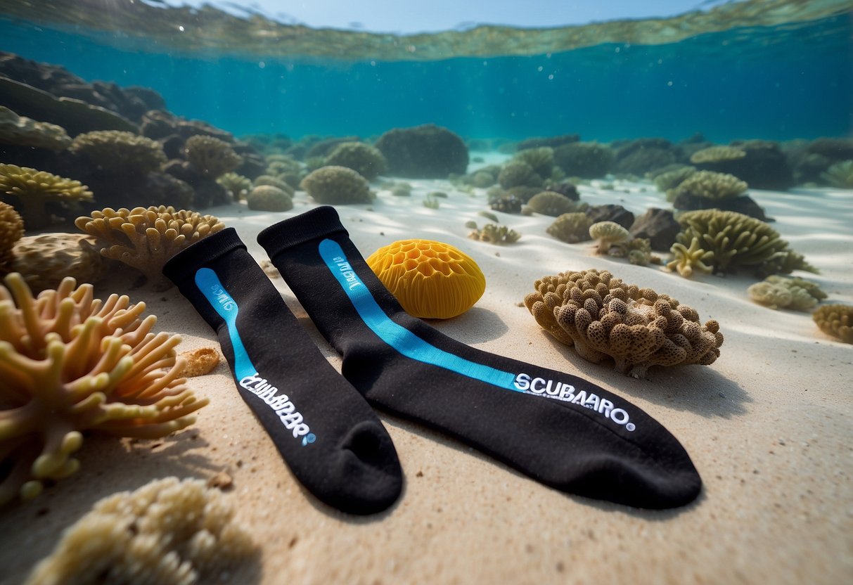 Scubapro Ultra Thin Dive Socks: 5 pairs laid out on a sandy beach with crystal clear water in the background, surrounded by colorful coral and marine life