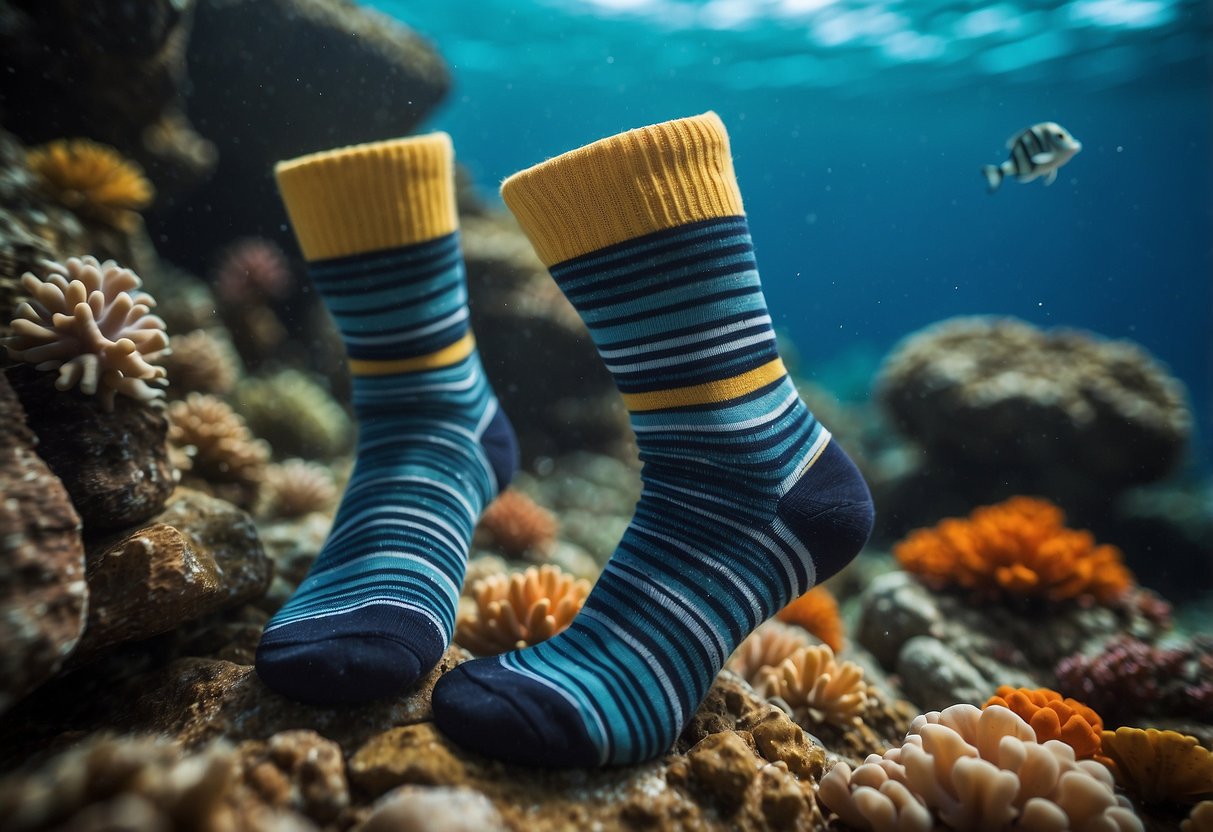 A pair of Seac Standard HD 3mm socks lying on a rocky ocean floor, surrounded by colorful coral and various marine life