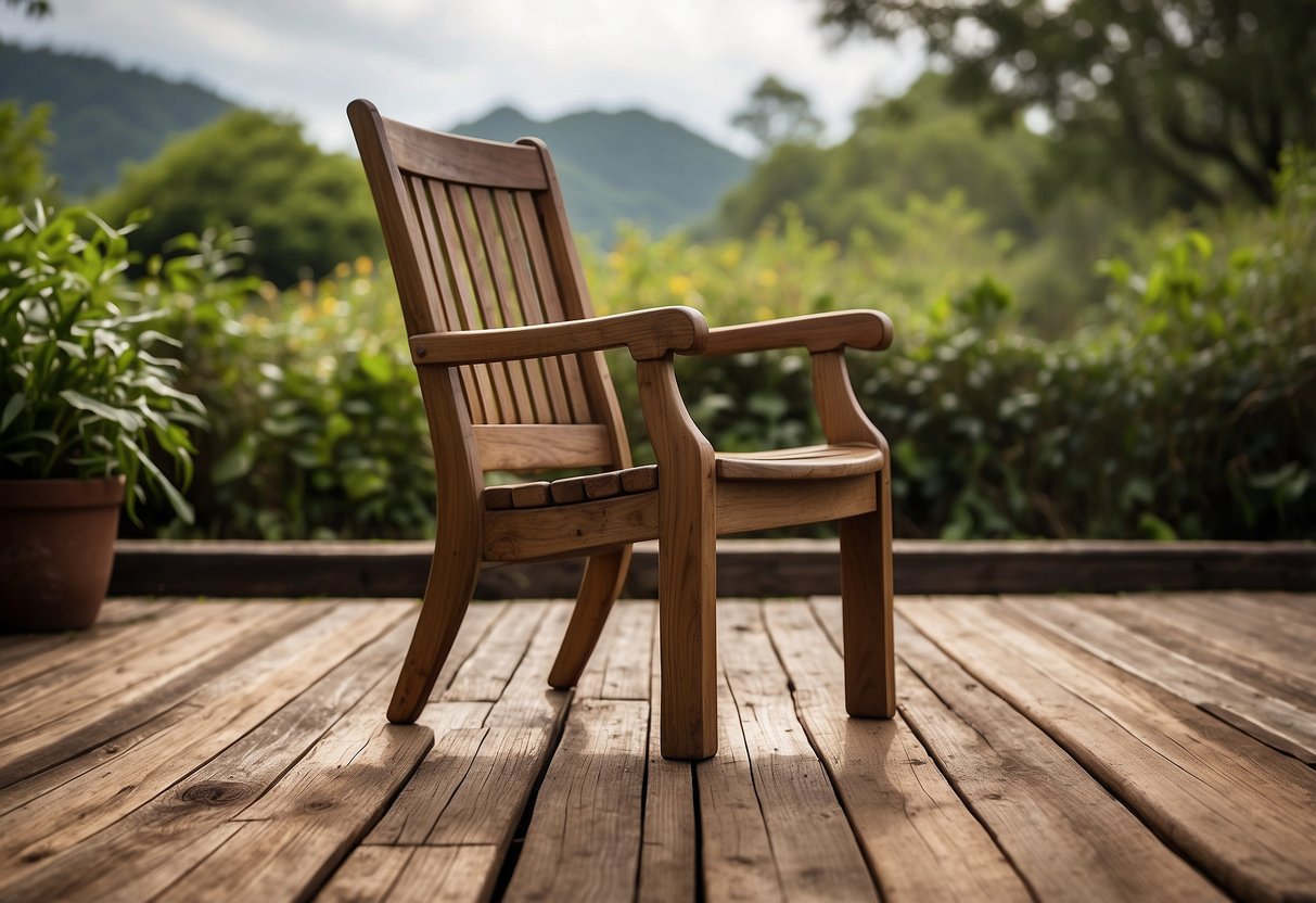 A solid teak chair sits on a weathered deck, exposed to sun and rain. Despite years of use, it remains sturdy and resilient, showcasing the durability of teak furniture