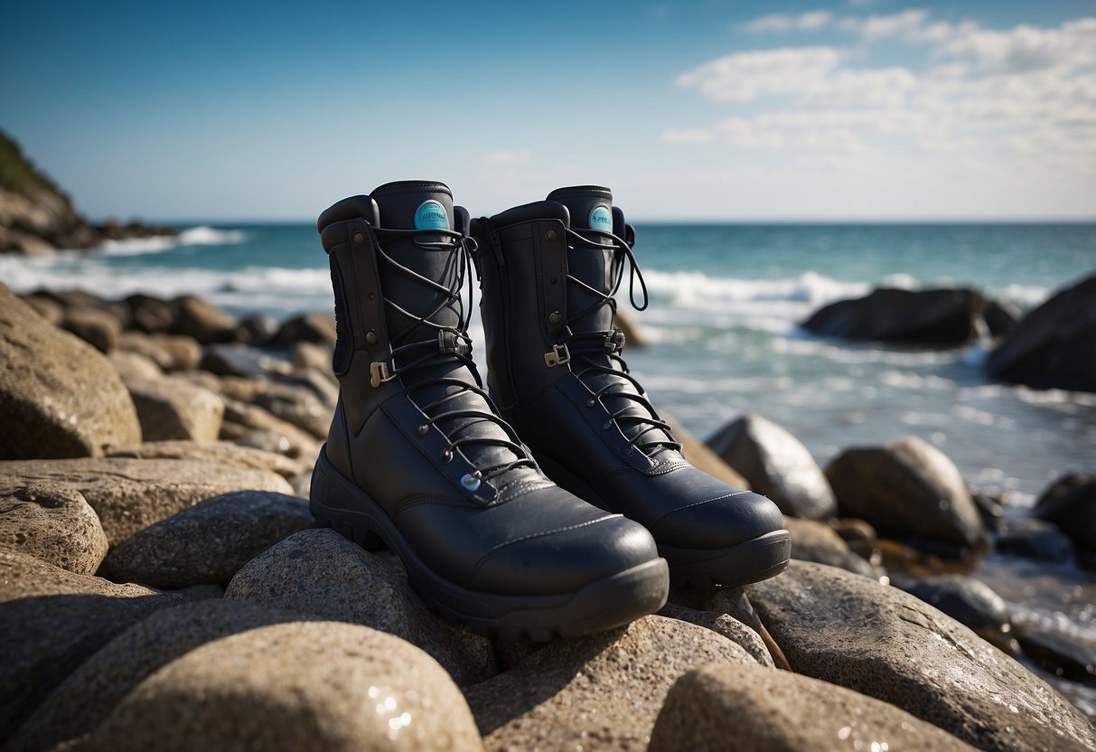 A pair of Pinnacle Aquatics 5mm Zip Boots sitting on a rocky shore, with waves crashing in the background and a diving mask and snorkel nearby