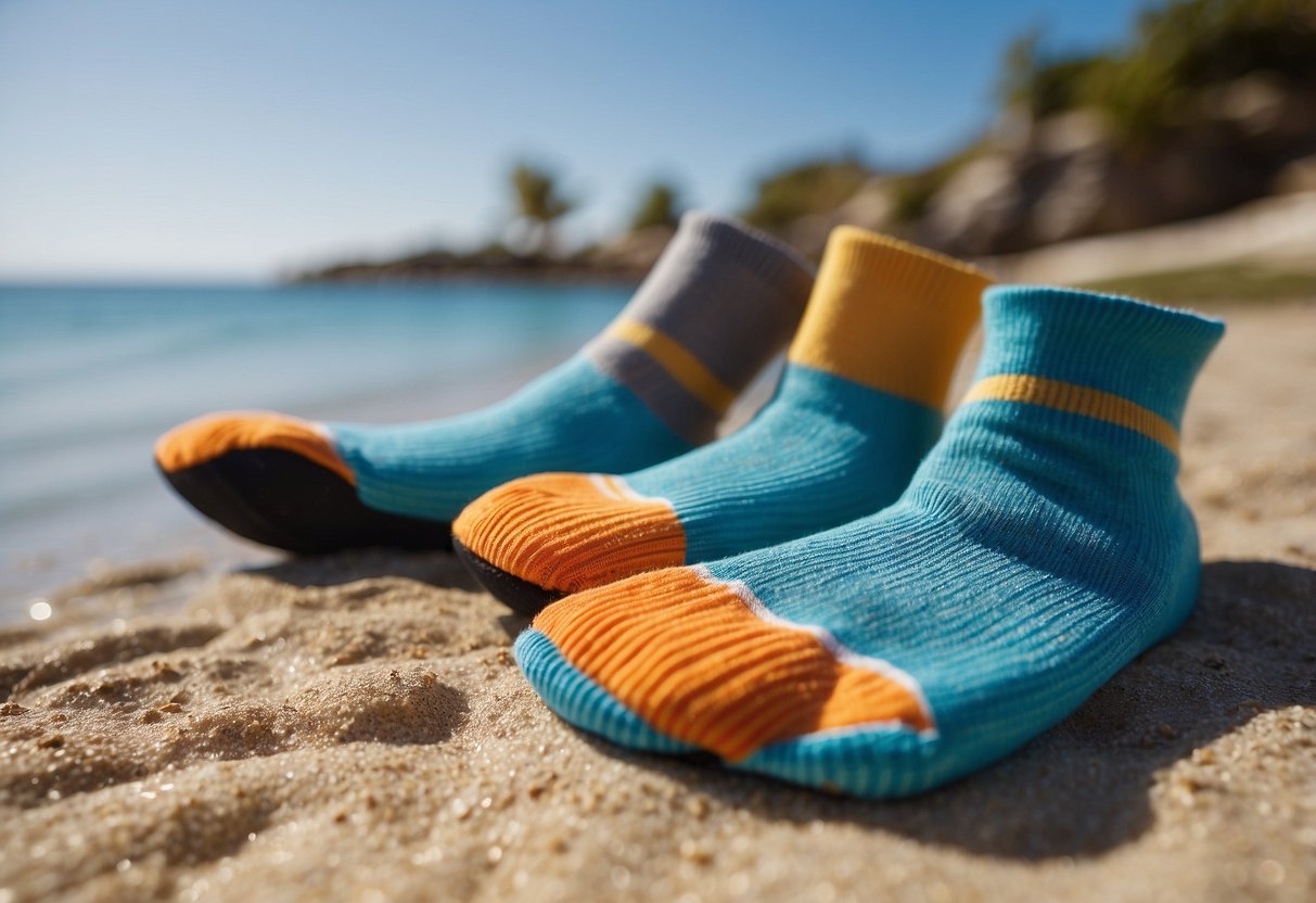 A pair of diving socks lying on a sandy beach, surrounded by clear blue water and colorful coral reefs. Sunlight shines down, highlighting the flexibility and durability of the socks