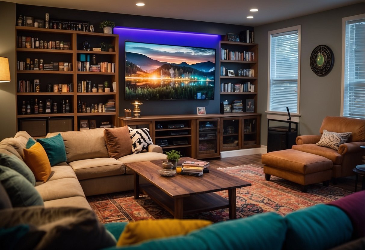 A cozy game room with a large, comfortable sectional sofa, a sleek coffee table, and a stylish gaming chair with a side table for drinks. A well-stocked bookshelf and a colorful area rug complete the scene