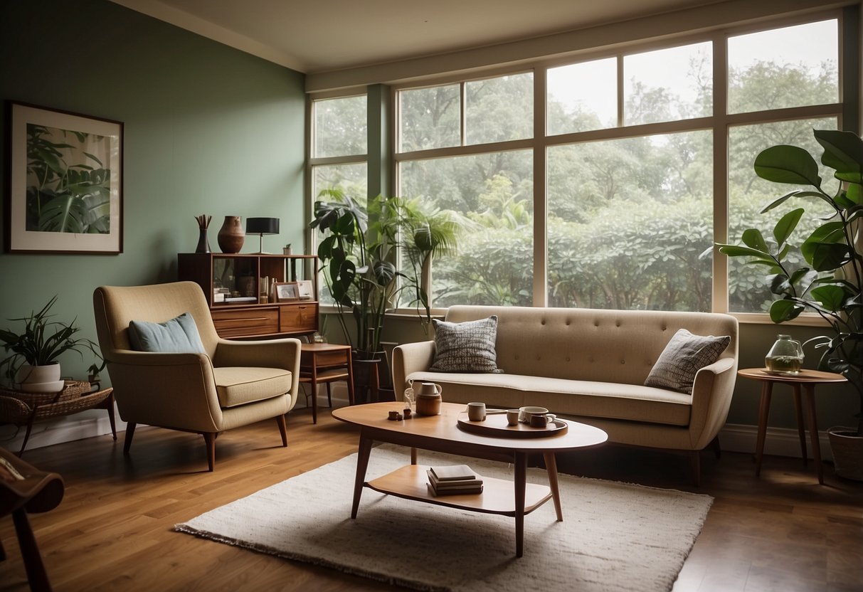 A living room filled with second-hand mid-century furniture, including a sleek sofa, a teak coffee table, and a vintage armchair with tapered legs