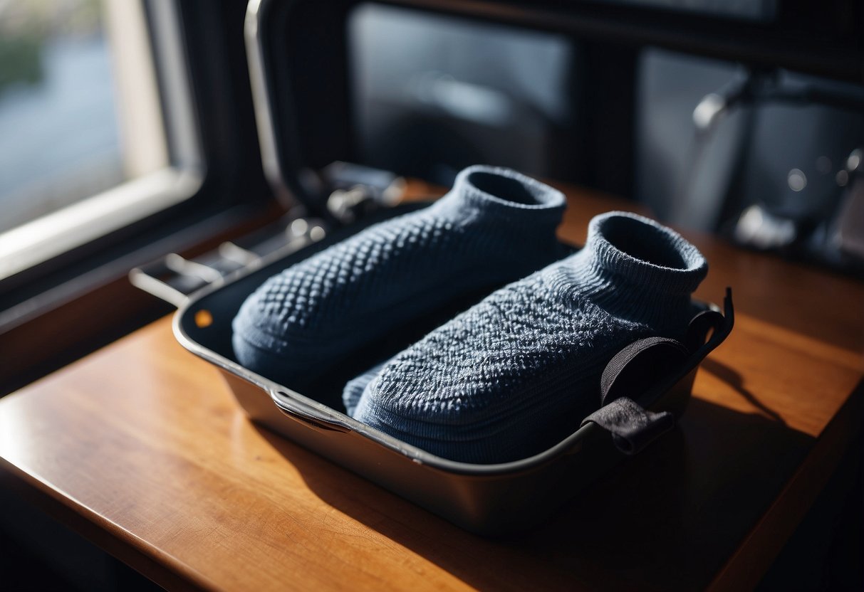 A pair of diving socks being gently washed and air-dried, then neatly folded and stored in a dive bag