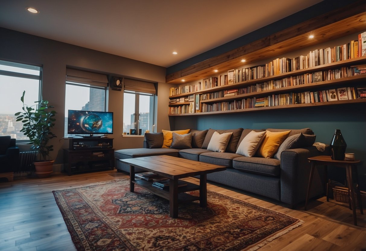A cozy game room with a large, comfortable couch, a sleek gaming console, shelves filled with board games and a vibrant area rug