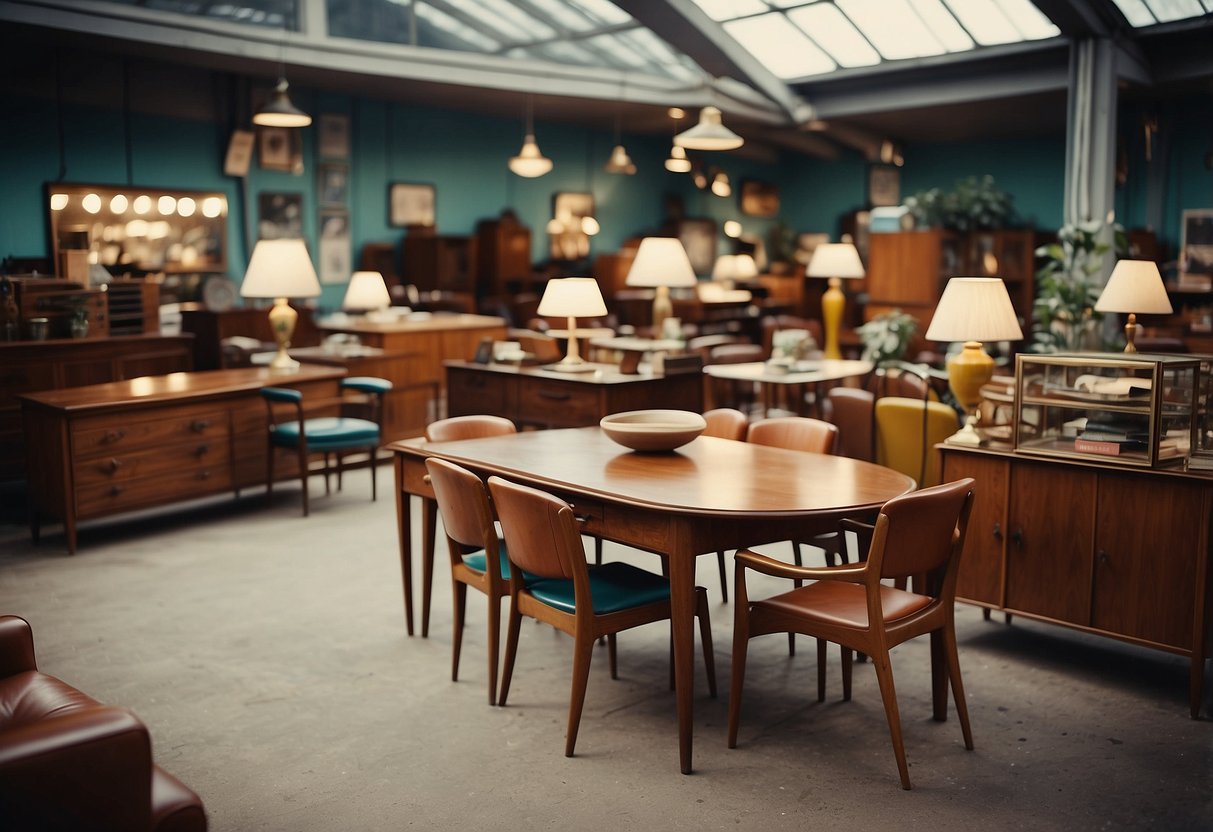 A vintage shop displays a collection of second-hand mid-century furniture, including sleek tables, retro armchairs, and teak sideboards