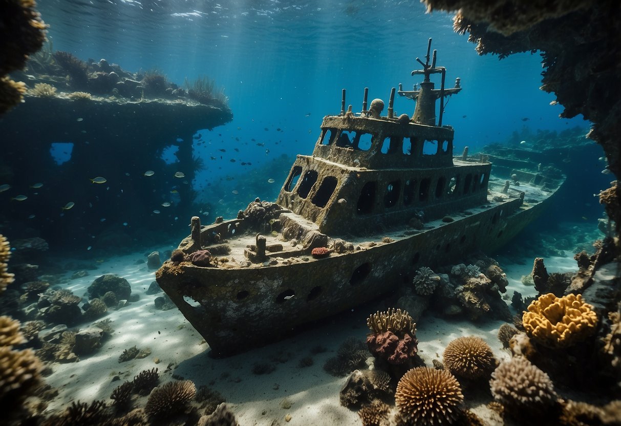 The USS Liberty Wreck lies on the ocean floor in Bali, surrounded by vibrant coral and teeming marine life