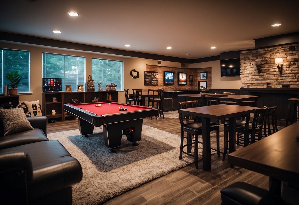 A spacious game room with cozy seating, versatile storage, and durable gaming tables, creating a fun and inviting atmosphere for friends and family to enjoy