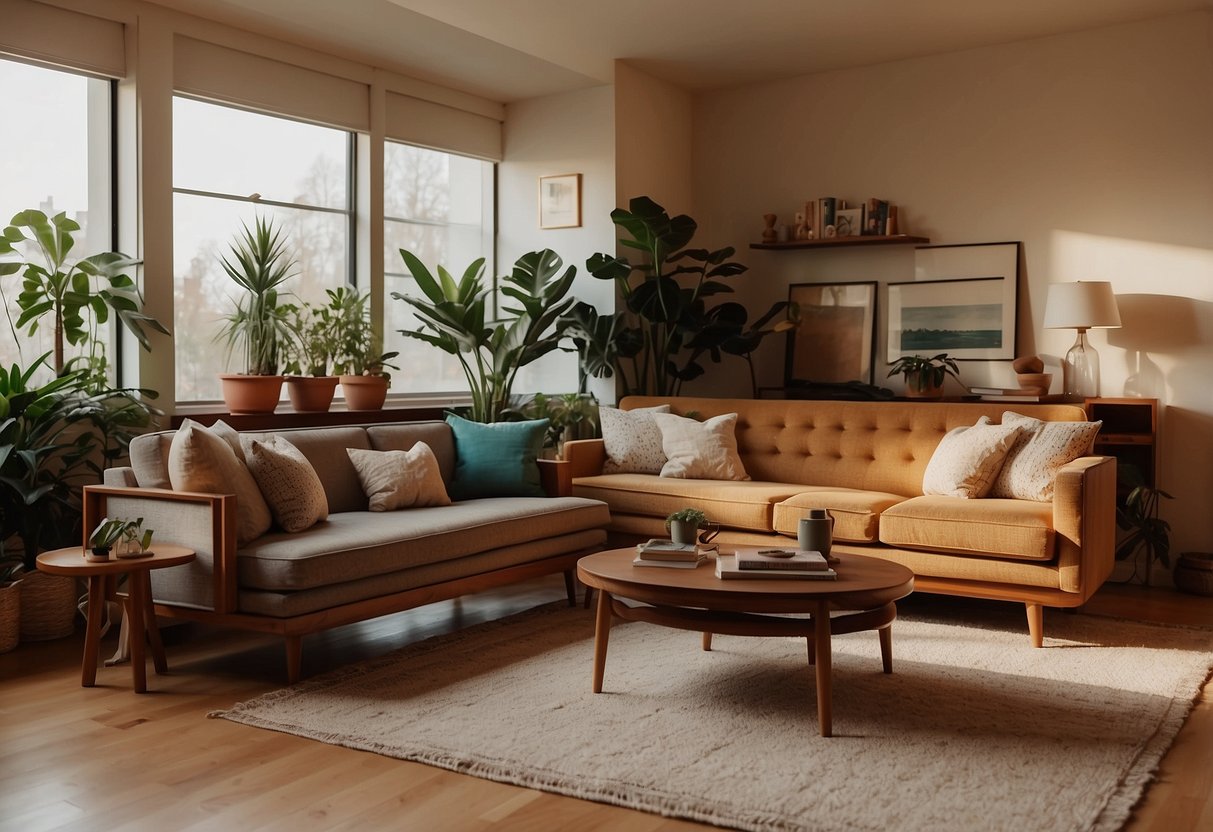 A cozy living room with retro mid-century furniture, including a sleek sofa, vintage coffee table, and teak bookshelf. Warm lighting and plants add to the inviting atmosphere
