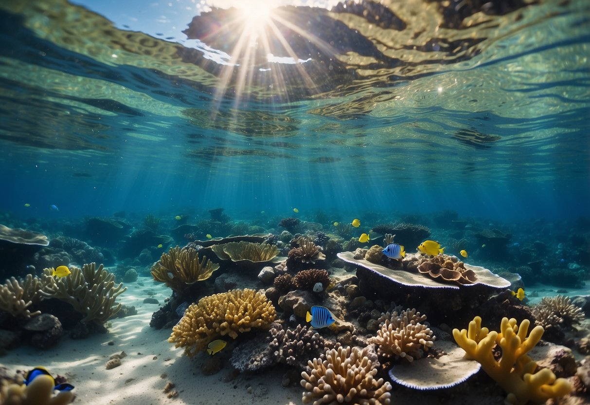 Vibrant coral reef teeming with diverse marine life, surrounded by crystal-clear turquoise waters. Sunlight filters through the water, casting a colorful glow on the reef below