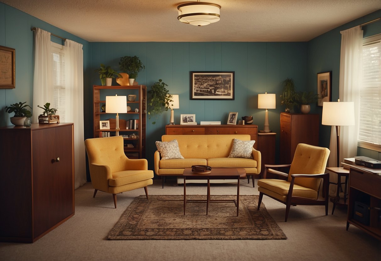A room filled with vintage mid-century furniture, with a sign reading "Frequently Asked Questions" displayed prominently