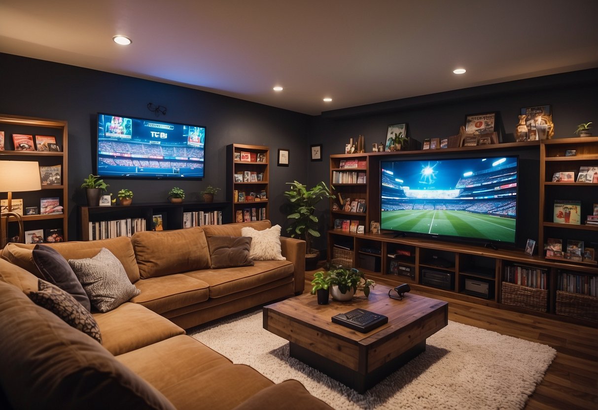 A cozy game room with a large sectional sofa, bean bag chairs, and a coffee table surrounded by shelves filled with board games and video game consoles