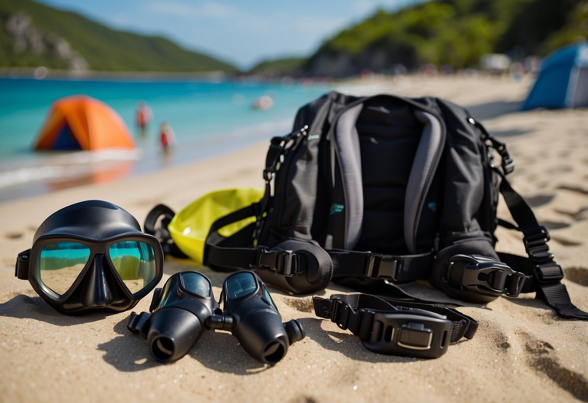 Diving gear laid out on a beach with tents in the background, surrounded by lush greenery and crystal-clear waters