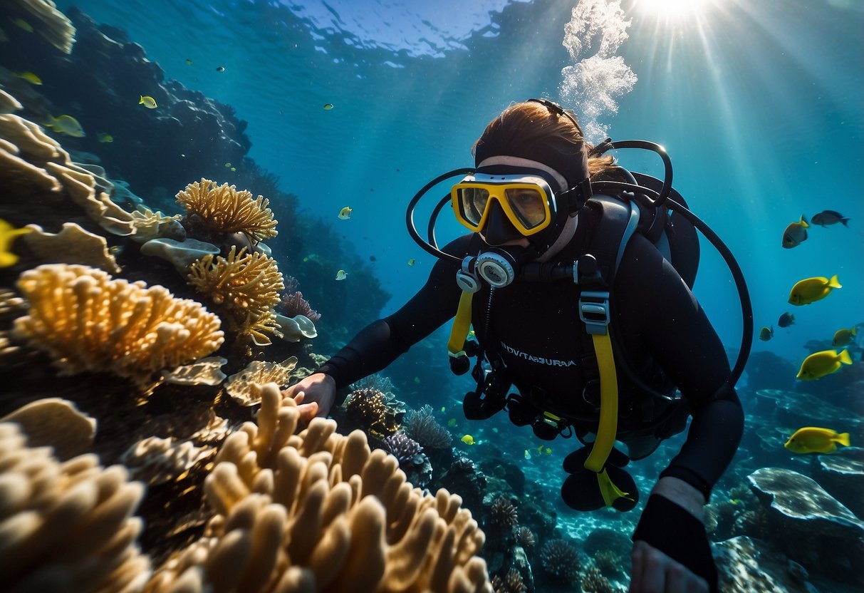 A diver exploring colorful coral reefs, surrounded by diverse marine life. They carry minimal equipment, and the sun casts a warm glow on the underwater scene