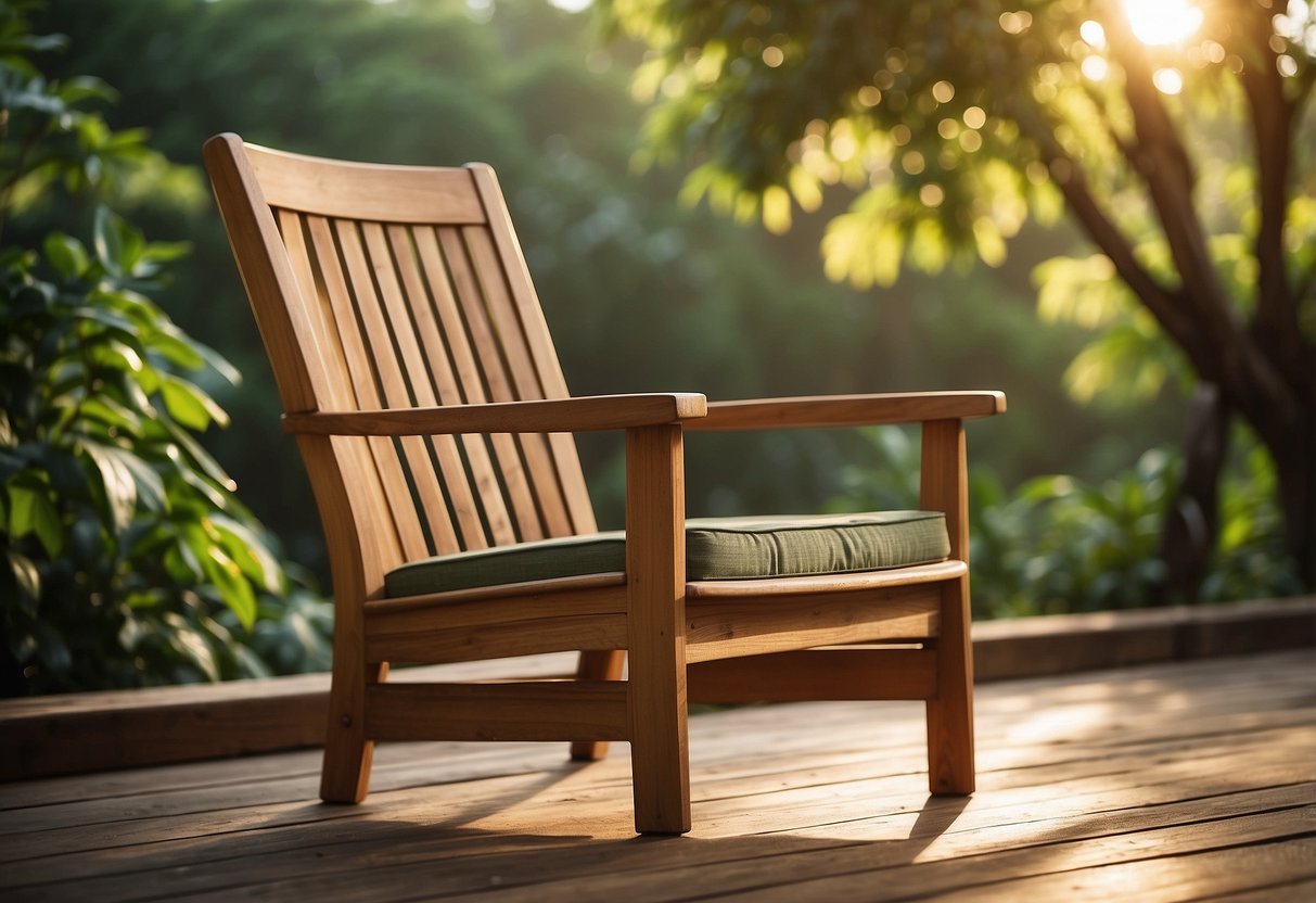 A teak chair sits on a weathered deck, surrounded by lush greenery. The sun casts a warm glow, highlighting the natural beauty of the wood
