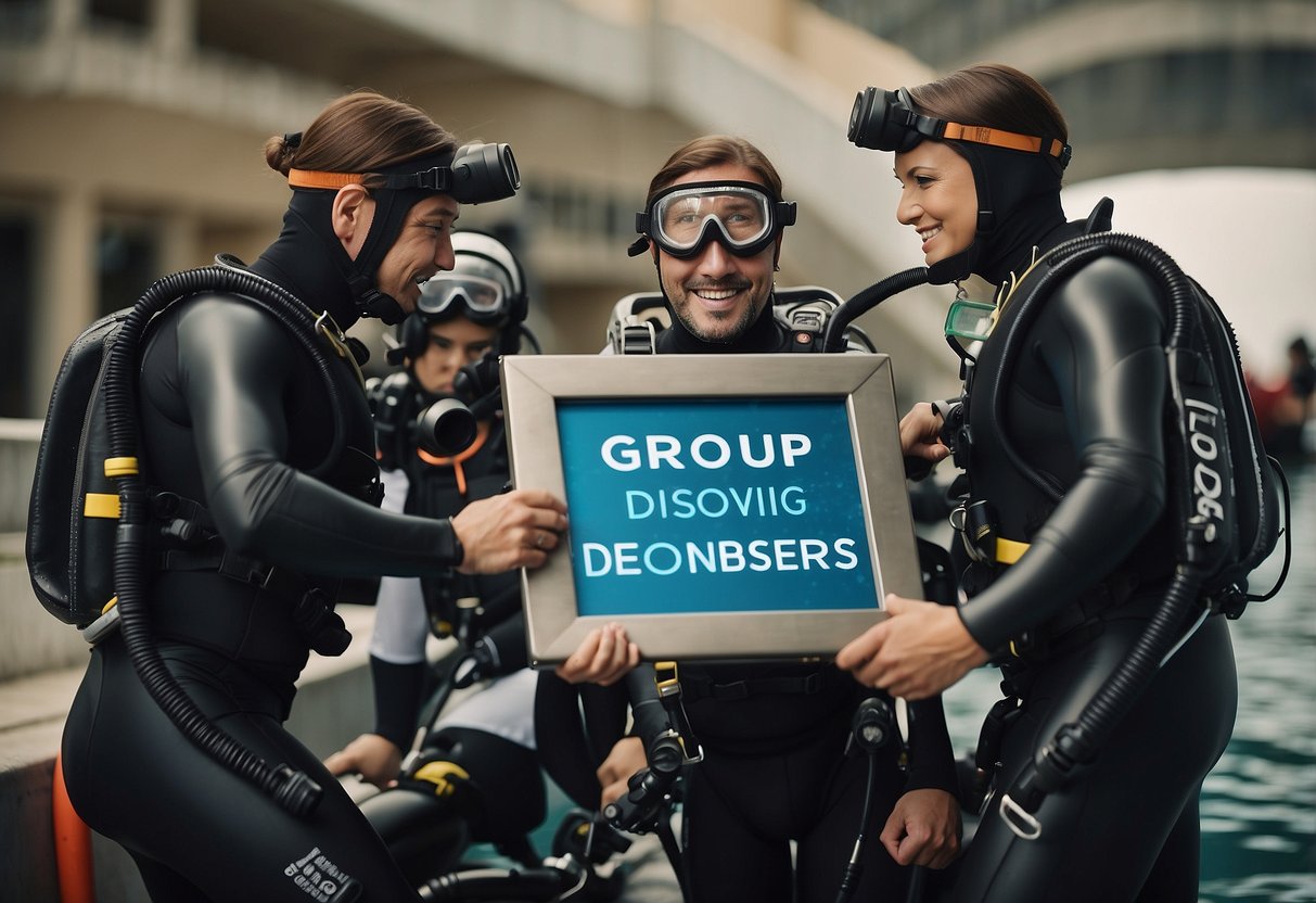 A group of scuba divers gather around a sign advertising "Group Discounts" and "7 Tips for Scuba Diving on a Budget." The divers are excitedly discussing their plans and gearing up for an affordable underwater adventure