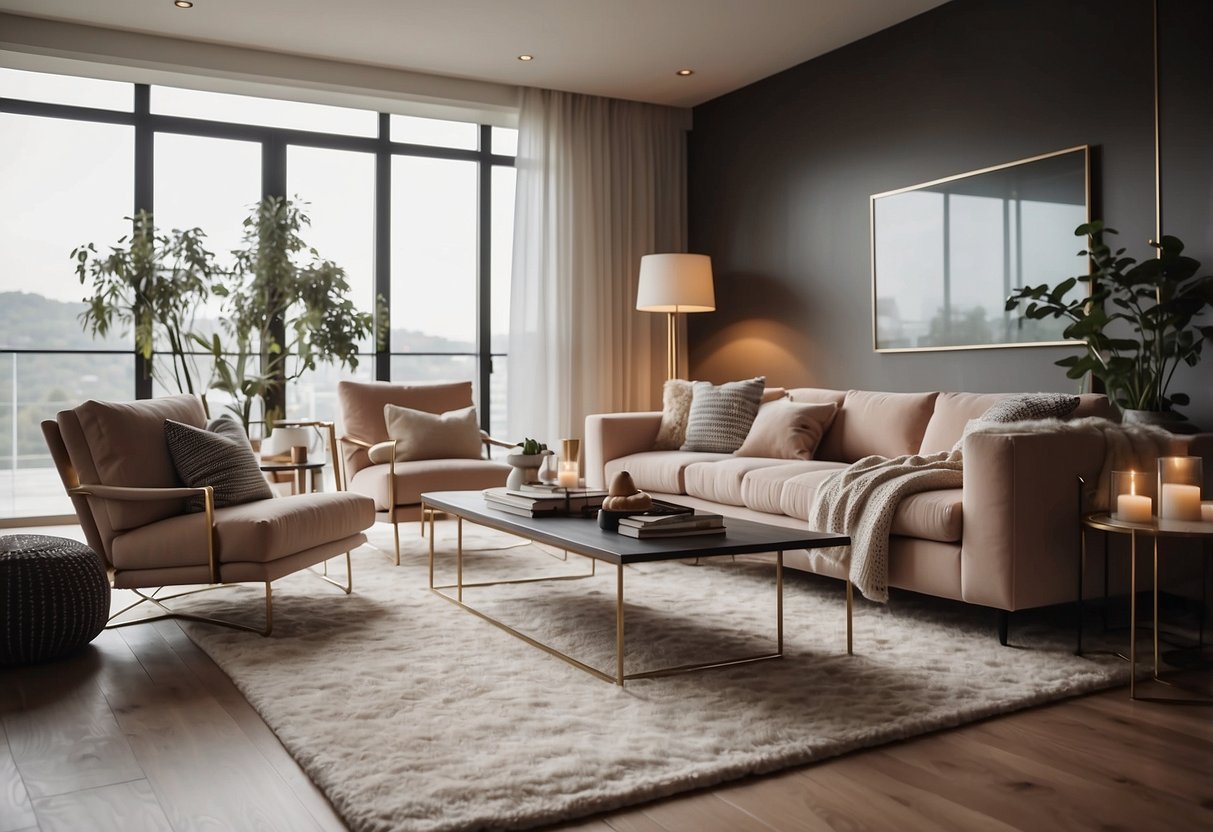 A cozy living room with a plush sofa, sleek coffee table, and elegant armchairs arranged around a modern fireplace. A soft rug and stylish floor lamp complete the inviting space