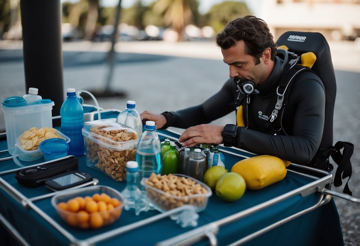 A scuba diver prepares a bag of snacks and water bottles, packing them into a small cooler. A budget-friendly diving gear is neatly laid out on a table nearby