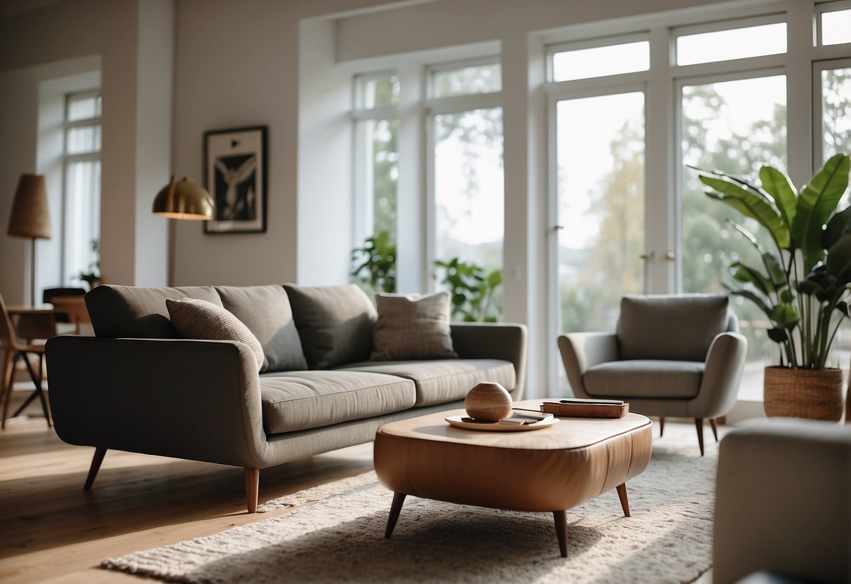 A person carefully choosing a sofa in a spacious, well-lit living room with various furniture options