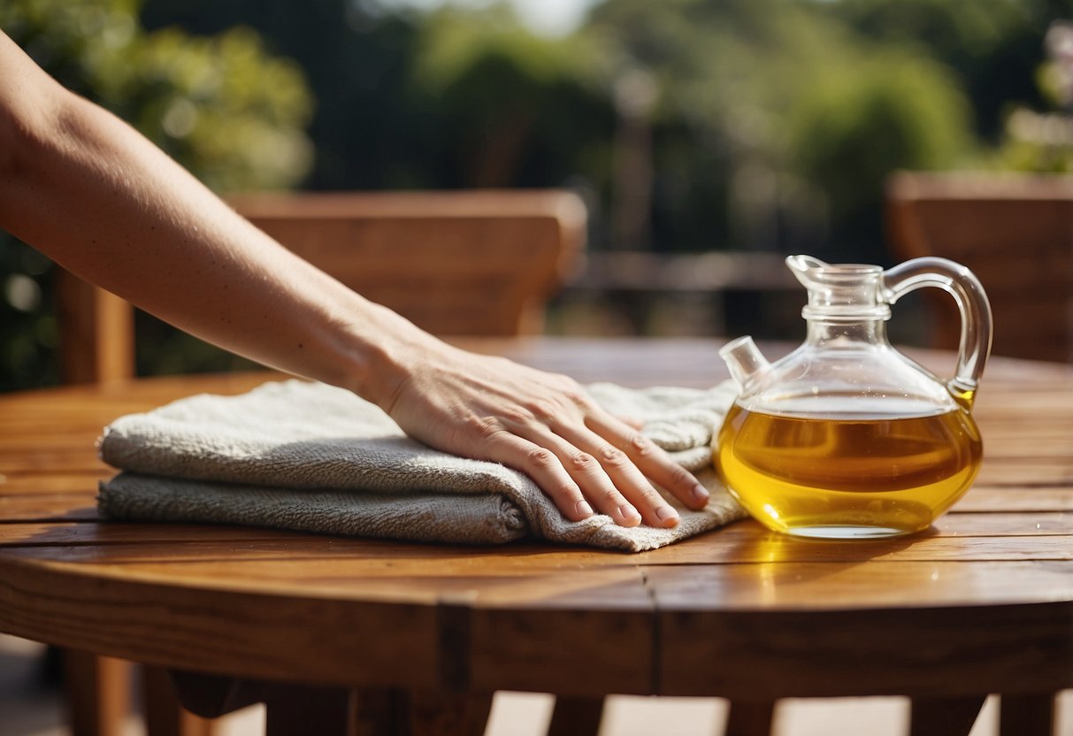 A person wipes teak garden furniture with a damp cloth, then applies teak oil for protection and shine