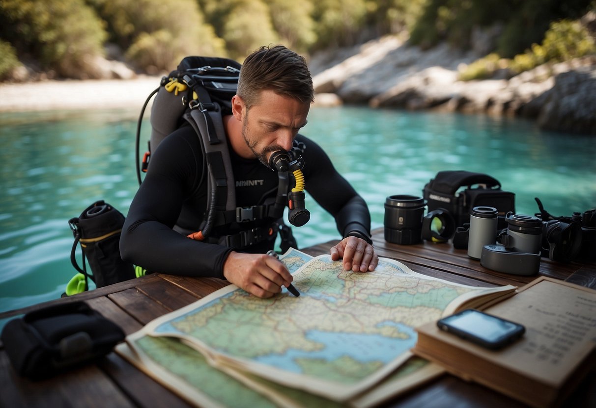 A diver packs light gear, checks map, and books budget accommodations. Lists dive sites and compares prices online