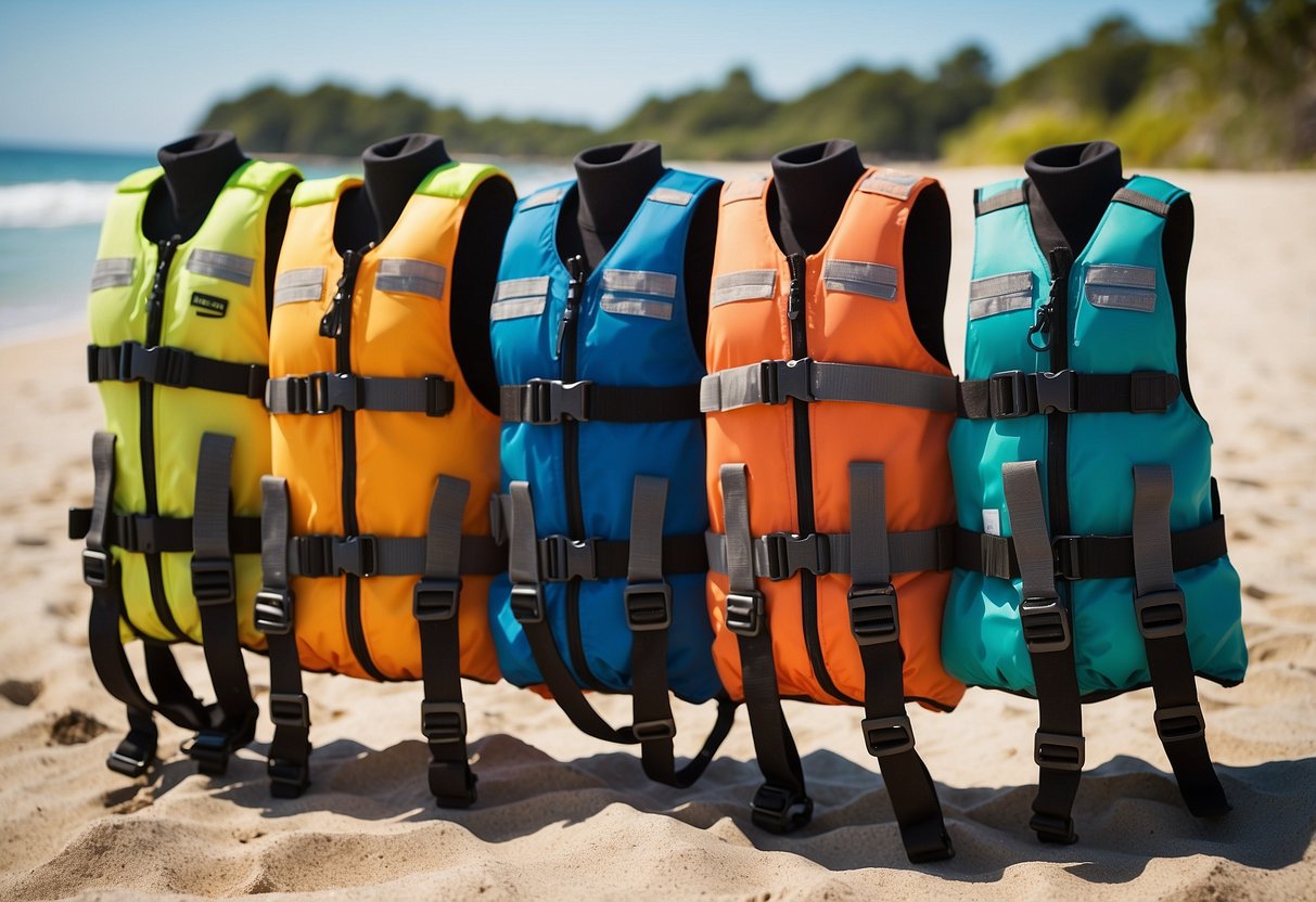 Five colorful lightweight diving vests arranged on a sandy beach with crystal clear water in the background. Each vest is equipped with pockets and adjustable straps