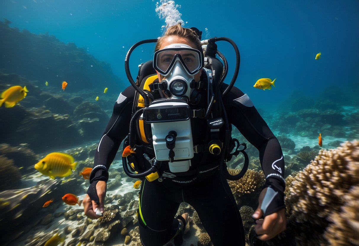 The Scubapro Hydros Pro diving vest floats effortlessly in crystal-clear ocean waters, surrounded by colorful coral and vibrant marine life