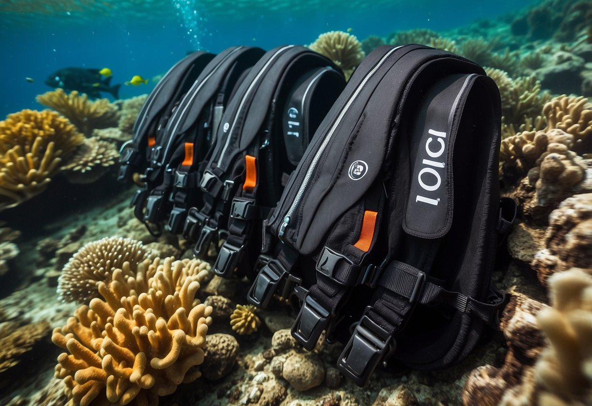 The Aqua Lung Rogue 5 lightweight diving vests lay neatly arranged on a vibrant ocean floor, surrounded by colorful coral and swaying sea plants