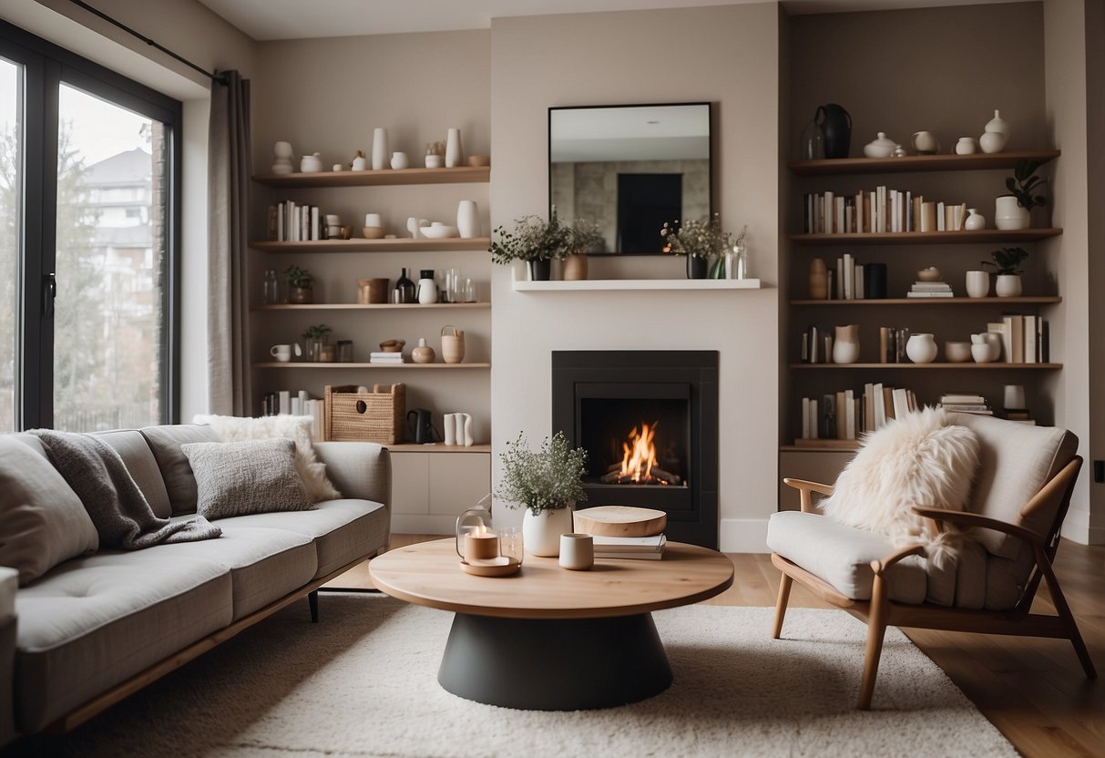 A cozy living room with a comfortable sofa, stylish coffee table, and soft rug, surrounded by elegant shelves and a warm fireplace