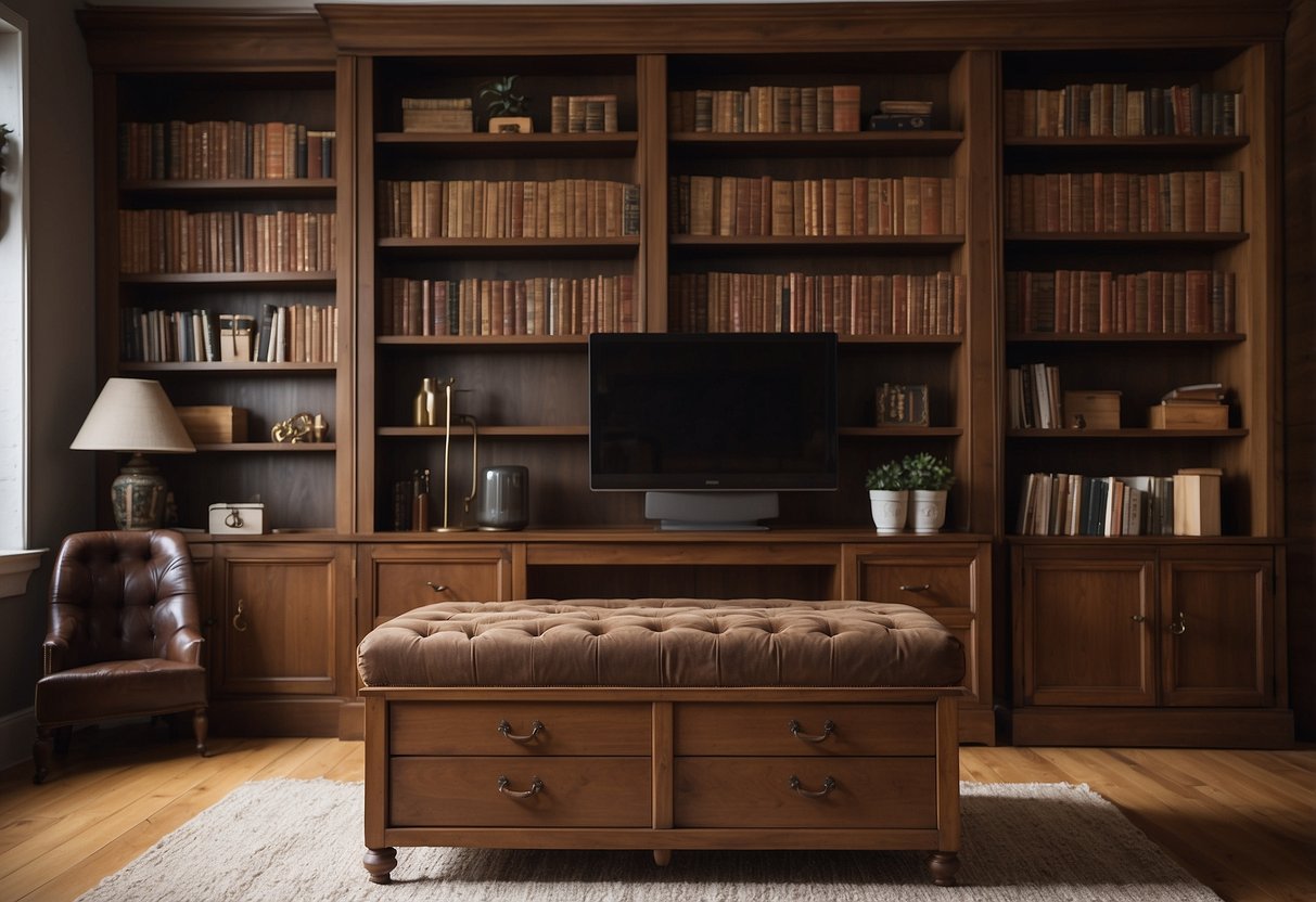 A room with a large wooden bookshelf, a chest of drawers, and a storage ottoman
