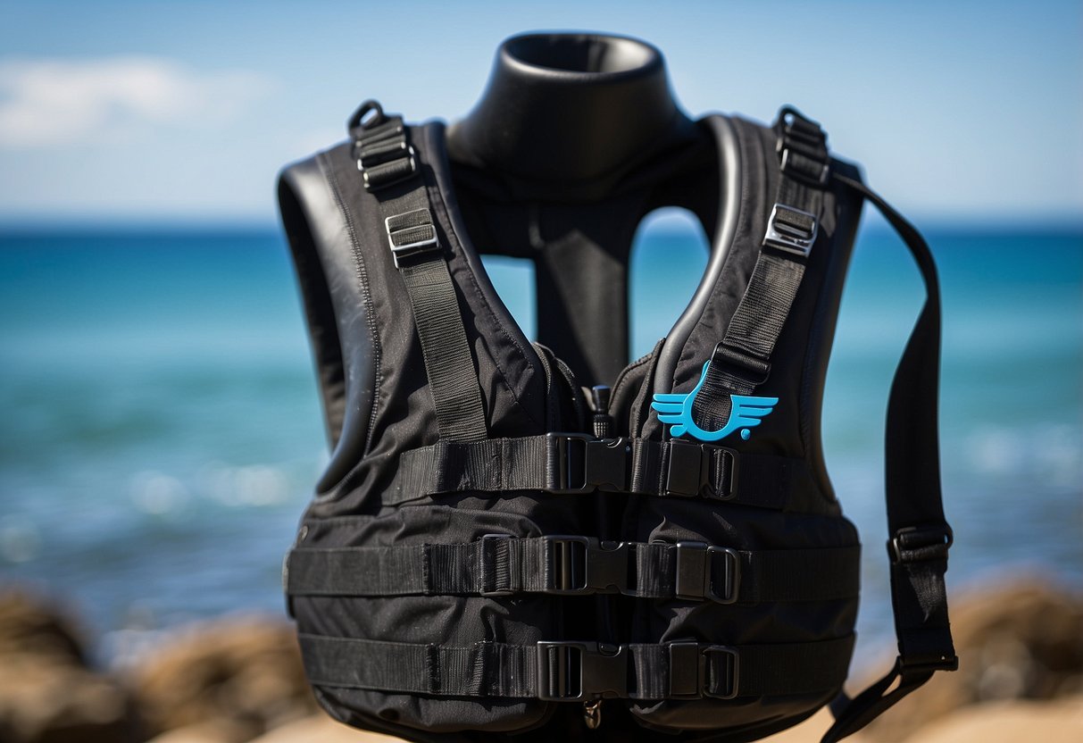 A sleek, black Zeagle Covert XT 5 lightweight diving vest hangs on a rusted metal hook against a backdrop of vibrant blue ocean waves