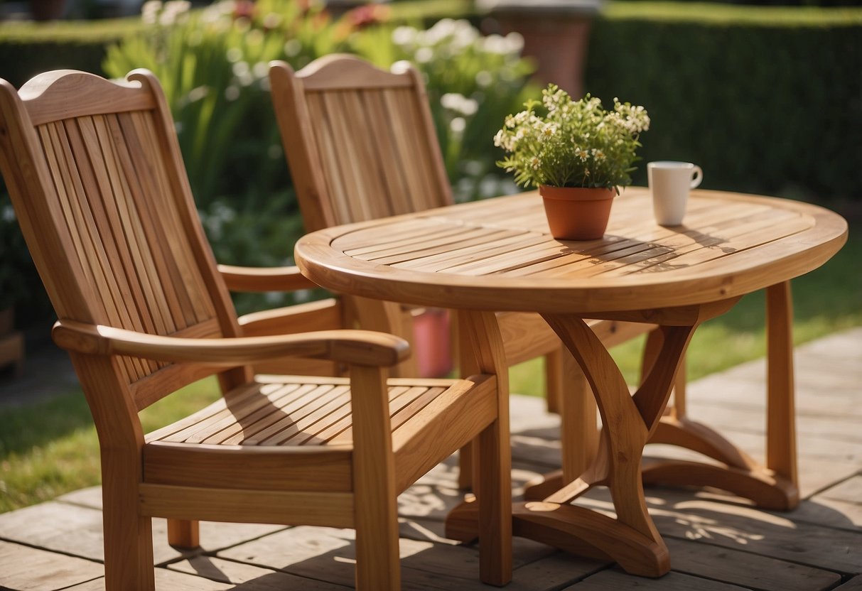 Teak garden furniture being gently cleaned with a soft brush and mild soap, followed by a thorough rinse and drying in the sun