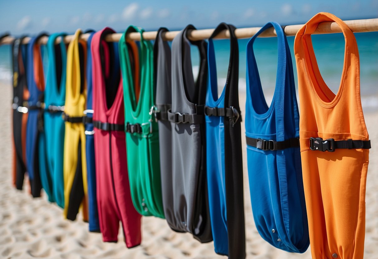 A colorful array of lightweight diving vests arranged on a sandy beach, with crystal clear water and a bright blue sky in the background